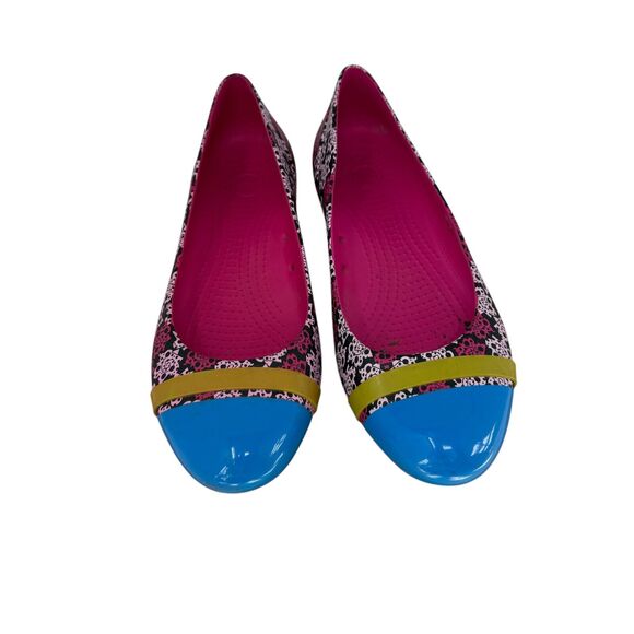 Crocs Mondo Roses Cap Toe Ballet Flats Artsy Y2K Floral Pink Blue Womens 9 - Picture 1 of 7
